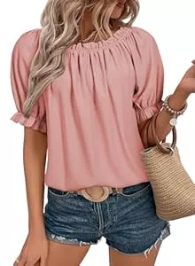 Dokotoo Kurzarmblusen Dokotoo Damen Bluse Sommer Chiffon Tunika Kurzarm Falten Blusenshirt Elegant Rundhals Puffärmel Oberteile T Shirts Top, rosa, M