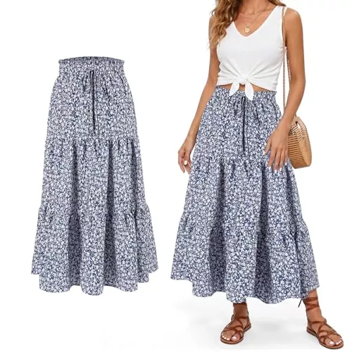 Aomig Röcke Aomig Rock Damen Sommer Lang Elegant Bohemien, Hohe Taille Maxirock A-Line, Leicht fließend Elastischer Bund, Casual Freizeitrock Sommerröcke, Stufenrock Blumen Muster Röcke, Hochzeit Cocktail Skirt
