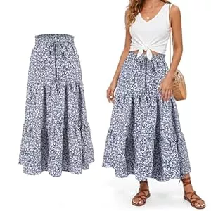 Aomig Röcke Aomig Rock Damen Sommer Lang Elegant Bohemien, Hohe Taille Maxirock A-Line, Leicht fließend Elastischer Bund, Casual Freizeitrock Sommerröcke, Stufenrock Blumen Muster Röcke, Hochzeit Cocktail Skirt