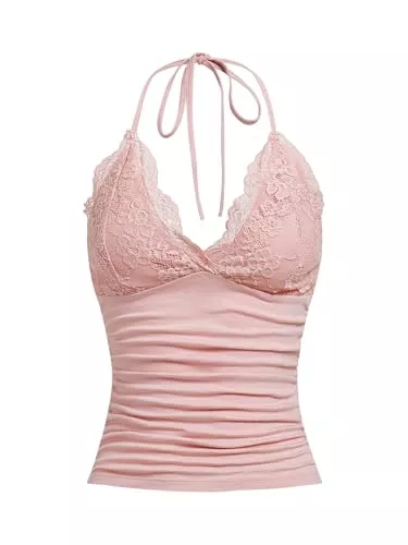 GORGLITTER Tops GORGLITTER Damen Y2k Camisole Trägertop Crop Top Neckholder Oberteil Halter Tops mit Kontrast Spitze Grau-Rosa M