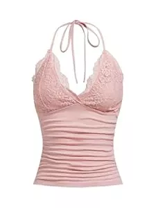 GORGLITTER Tops GORGLITTER Damen Y2k Camisole Trägertop Crop Top Neckholder Oberteil Halter Tops mit Kontrast Spitze Grau-Rosa M