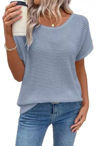 YUTILA T-Shirts YUTILA Damen T-Shirt Sommer Oberteile Waffelstrick Kurzarm Shirt Rundhals Einfarbig Tops Casual Locker Bluse