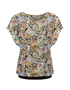 Hotouch Kurzarmblusen Hotouch Blusen Damen Sommer Netz Bluse Blumen Shirt Fledermausärmel Rundkragen Elegant Oberteile Tunika Top M