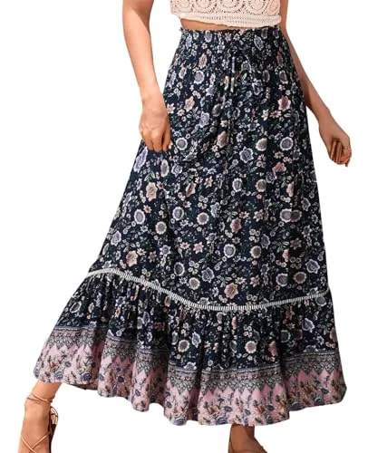 Genfien Röcke Genfien Röcke Damen Röcke Damen Maxi Skirt Faltenrock Strandrock Freizeitrock 2 in 1 Elegant A-Line Beach Skirt Elastic Waistband Einheitsgröße