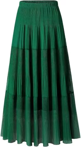 Furpazven Röcke Furpazven Maxirock Rock Lang Damen Skirt Bohemien Sommerrock Hohe Elastische Taille Plissierter Elegant A-Line Sommer Maxi Rock Röck Grün M