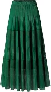 Furpazven Röcke Furpazven Maxirock Rock Lang Damen Skirt Bohemien Sommerrock Hohe Elastische Taille Plissierter Elegant A-Line Sommer Maxi Rock Röck Grün M