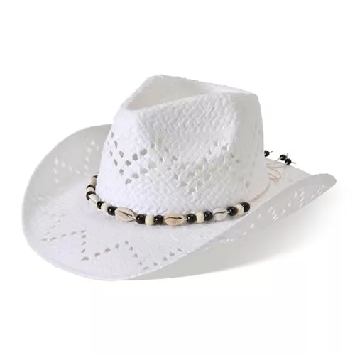 Willheoy Hüte & Mützen Willheoy Cowboyhut Strohhut Damen Herren Sonnenhut Sommer Strandhut Westernhut Panama Hut Unisex Cowboy Hut Faltbar Strohhut Krempe Sommerhut (Weiß 2#)
