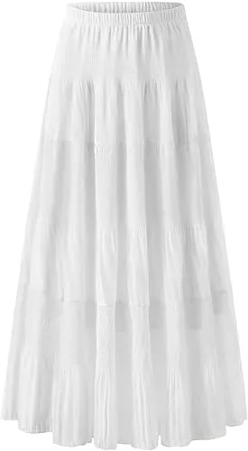 Furpazven Röcke Furpazven Maxirock Rock Lang Damen Skirt Bohemien Sommerrock Hohe Elastische Taille Plissierter Elegant A-Line Sommer Maxi Rock Röck Weiß L
