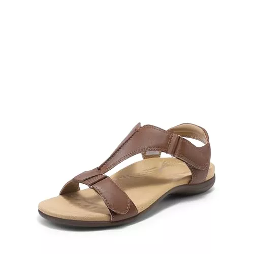 DREAM PAIRS Sandalen & Slides DREAM PAIRS Damen-Sandalen mit Fußgewölbeunterstützung, T-Riemen, orthopädische Flache Sandalen, Bequeme Sommerschuhe,Size 38,Braun,DWUMFS2508