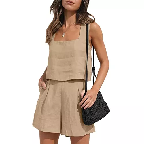 Qianderer Kostüme Qianderer 2-teiliges Sommer-Outfit für Damen, aus Leinen, passendes Set, Lounge-Shorts, Shorts, bauchfreies Oberteil mit Taschen für Strandurlaub