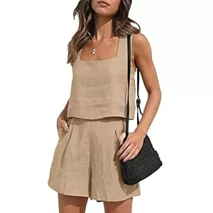 Qianderer Kostüme Qianderer 2-teiliges Sommer-Outfit für Damen, aus Leinen, passendes Set, Lounge-Shorts, Shorts, bauchfreies Oberteil mit Taschen für Strandurlaub