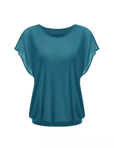 Hotouch Kurzarmblusen Hotouch Damen Bluse Sommer Kurzarm Elegant Tunika Shirt Leichte und Luftige Oberteile Türkis M