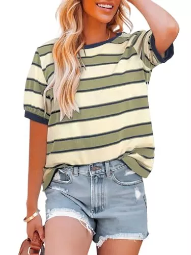 Cuptacc T-Shirts Cuptacc T Shirt Damen Sommer Trendy Kontrast Schicker Rundhals Kurzarm Top Damen Locker Elegant Leicht Und Luftig Oversize Baumwolle Tunika Grasgrün M Mittel