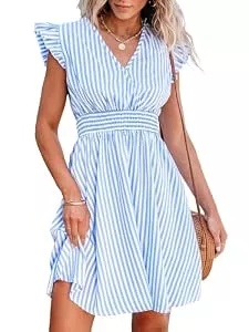 CUPSHE Freizeit CUPSHE Damen Sommerkleid V-Ausschnitt Flatterärmel Minikleid Gesmokte Taille A-Linie Freizeitkleider Mini Dress Blau Gestreift M