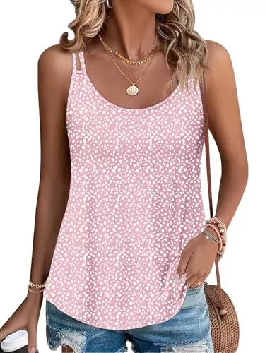 PLOKNRD Tops PLOKNRD Damen Tank Top Sommer Spaghetti Oberteile Ärmellose Rundhalsausschnitt Shirt Blusen Tops(Rosa Fleck,S)