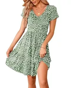 WNEEDU Freizeit WNEEDU Sommerkleider Damen V Ausschnitt Kurzarm Strandkleid Elegante Knielange Freizeitkleid Taillenbetontes Midikleid mit Taschen Olive Grünes Blatt M