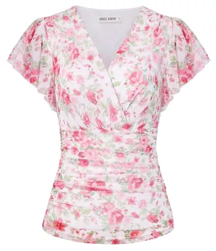 GRACE KARIN Kurzarmblusen GRACE KARIN Damen Blumen Boho Bluse V-Ausschnitt Rüschen Kurzarm Shirt Plissiert Mesh Oberteile Slim Fit Vintage Sommer Top