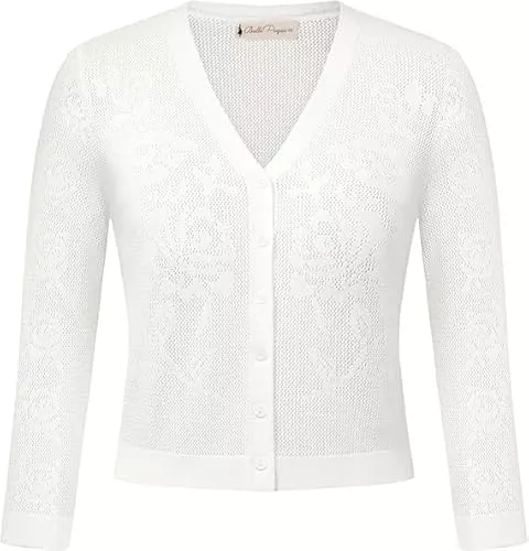 Belle Poque Strickjacken Belle Poque Damen 3/4-Ärmel Ausgehöhlt Cardigan Leichter Knopf Herunter Kurzer Cardigan für Kleider und Röcke