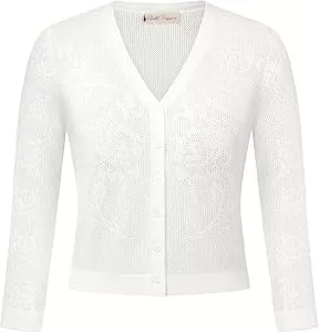 Belle Poque Strickjacken Belle Poque Damen 3/4-Ärmel Ausgehöhlt Cardigan Leichter Knopf Herunter Kurzer Cardigan für Kleider und Röcke