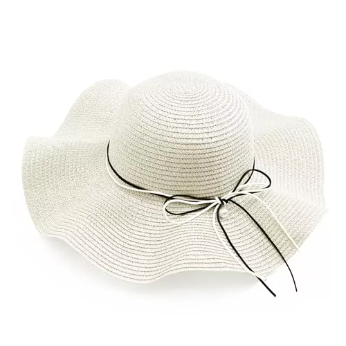 JJDreams Hüte & Mützen JJDreams Damen Boho Strohhut Faltbarer Sonnenhut Strandhut Sommerhut mit Breite Krempe Schleife für Reise Urlaub und Strand,Weiße Sommermütze