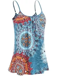 Knuffnee Tops Knuffnee Damen Top mit Integriertem BH Verstellbare Spaghetti Tops Lockere Armellose Bluse Unterhemd Blaue Blume M
