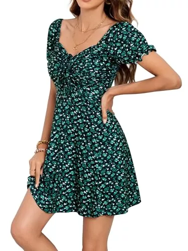 Missufe Freizeit Missufe Damen Freizeitkleid A Linien Blumen Puff Ärmel Sommerkleid Kordelzug Gerafft Kurze Kleider
