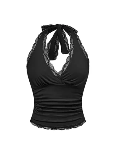 GORGLITTER Tops GORGLITTER Damen Bauchfrei Crop Top Neckholder Oberteil mit Kontrast Spitze Sommertop Ärmllos Casualtop Rückenfrei Halter Tops Partytops Schwarz S