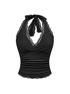 GORGLITTER Tops GORGLITTER Damen Bauchfrei Crop Top Neckholder Oberteil mit Kontrast Spitze Sommertop Ärmllos Casualtop Rückenfrei Halter Tops Partytops Schwarz S