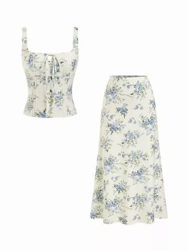 CIDER Kostüme & Blazer CIDER Zweiteiliges Damen-Outfit, florales Tanktop mit Schnürung vorne und A-Linien-Röcken, Sommer, lässiges Ausgehen