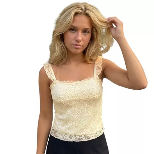 Felcia Tops Damen Sommer Y2k Spitze Cami Tops Ärmellos Rückenfrei Low Cut Spitze Floral Tank Tops