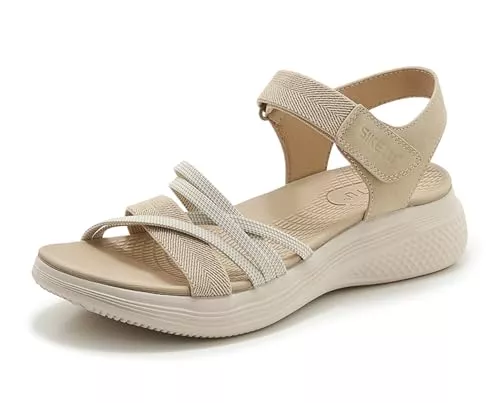 Meik Mangni Sandalen & Slides Meik Mangni Damen Trekking Sandalen Sommer Wandersandalen Bequeme Plateau Sandaletten Rutschfeste Sportsandalen flache flache Beige Gr.38 EU