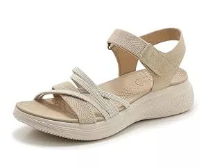 Meik Mangni Sandalen & Slides Meik Mangni Damen Trekking Sandalen Sommer Wandersandalen Bequeme Plateau Sandaletten Rutschfeste Sportsandalen flache flache Beige Gr.38 EU