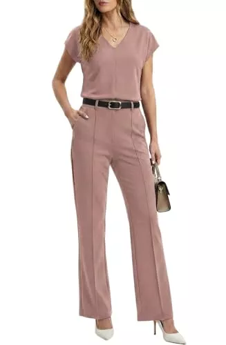 GRECERELLE Jumpsuits GRECERELLE Trainingsanzug Jogginganzug Damen Komplettset Zweiteiler Outfit Tracksuit Kurzarm Lässige Busines V Ausschnitt Tops und Jogginghosen mit Taschen