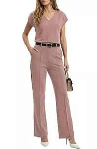 GRECERELLE Jumpsuits GRECERELLE Trainingsanzug Jogginganzug Damen Komplettset Zweiteiler Outfit Tracksuit Kurzarm Lässige Busines V Ausschnitt Tops und Jogginghosen mit Taschen