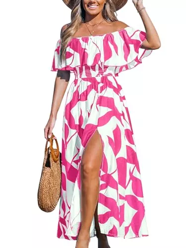 CUPSHE Freizeit CUPSHE Damen Sommerkleid Schulterfreies Kleid Gesmokte Taille Seitenschlitz Tropical Print Freizeitkleider Beach Off Shoulder Maxi Dress