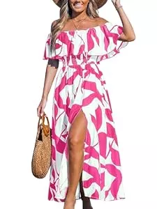 CUPSHE Freizeit CUPSHE Damen Sommerkleid Schulterfreies Kleid Gesmokte Taille Seitenschlitz Tropical Print Freizeitkleider Beach Off Shoulder Maxi Dress