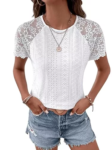 GORGLITTER Ärmellose Blusen GORGLITTER Spitzenshirt Damen Elegant Tshirt Mit Kontrast Spitze Kurzarm Oberteil Spitzen Top Locker Weiß L