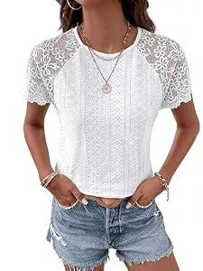 GORGLITTER Ärmellose Blusen GORGLITTER Spitzenshirt Damen Elegant Tshirt Mit Kontrast Spitze Kurzarm Oberteil Spitzen Top Locker Weiß L