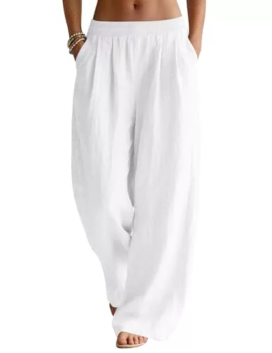 Rapbin Hosen Rapbin Damen Hosen Sommer Leinen Leicht Casual Locker Leinenhose Freizeithose Palazzo Hose Weite Leg Hose Sommerhose mit Taschen Weiß S