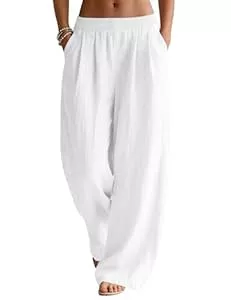 Rapbin Hosen Rapbin Damen Hosen Sommer Leinen Leicht Casual Locker Leinenhose Freizeithose Palazzo Hose Weite Leg Hose Sommerhose mit Taschen Weiß S