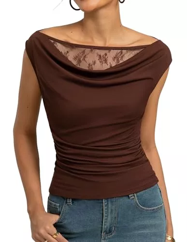 Kate Kasin Ärmellose Blusen Kate Kasin Damen Bluse Y2K Sommer Spitzen Oberteil Drapiert Wasserfallausschnitt Shirt Ärmellose Sexy Party Top Kaffeebraun M