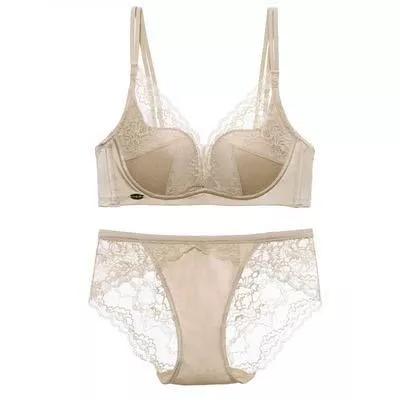 ZJY Unterwäsche & Dessous ZJY BH Panty Set Deep-V-Ausschnitt-Wäsche-Unterwäsche-Sets, Französisch-Spitze-Stickerei Mädchen Satin Convergence, Bra Unterwäsche Dünn Dick Dessous Bralette (Color : Khaki, Größe : 70B)