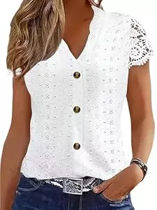 GORGLITTER Kurzarmblusen GORGLITTER Tshirt Damen Tops Sommer V Ausschnitt Oberteile Elegant Bluse Mit Spitze Kurzarm Top Business Outfit Weiß M