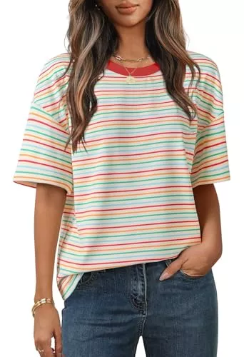 Cuptacc T-Shirts Cuptacc T-Shirt Damen 2026 Trendy Niedlich Mit Bunt Gestreiftes Muster Kurzarm Tshirt Klassische Frühling Weich Und Bequem 1/2 Arm Shirt Blau-Weiß-Rot L Groß