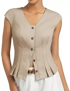 Kate Kasin Ärmellose Blusen Kate Kasin Damen Baumwoll Bluse Sommer Cap Ärmel V-Ausschnitt Knopfleiste Y2K Tops Shirt