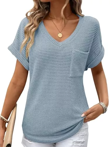 Cuptacc T-Shirts Cuptacc Tshirt Damen Sommer Elegant V-Ausschnitt Kurzarm Bluse Leicht Und Luftig Mode Knit Waffle Tunika Solid Komfort Casual Top Himmelblau L