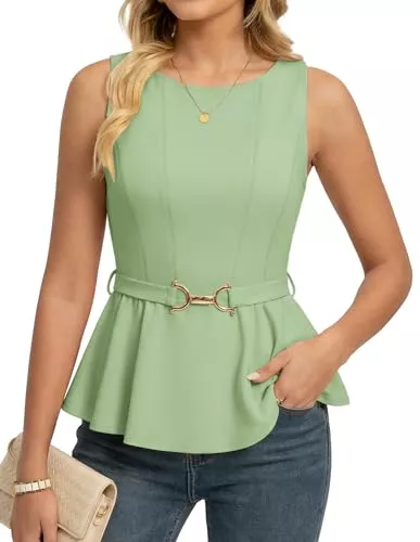 GRACE KARIN Kurzarmblusen GRACE KARIN Damen Ärmellose Bluse Elegant Business Oberteil Sommer Peplum Tops mit Gürtel Slim Fit Tunika Shirt