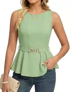 GRACE KARIN Kurzarmblusen GRACE KARIN Damen Ärmellose Bluse Elegant Business Oberteil Sommer Peplum Tops mit Gürtel Slim Fit Tunika Shirt