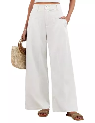 Fashora Hosen Fashora Leinenhose Damen Sommer High Waist Weites Bein Hose Baumwolle Leinen Sommerhose Leicht Lockere Freizeithose Elegant Palazzo Elastischer Bund Lässige Anzughose mit Knopfleiste (Weiß, S)