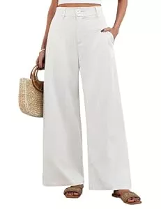 Fashora Hosen Fashora Leinenhose Damen Sommer High Waist Weites Bein Hose Baumwolle Leinen Sommerhose Leicht Lockere Freizeithose Elegant Palazzo Elastischer Bund Lässige Anzughose mit Knopfleiste (Weiß, S)